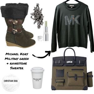 Michael Kors Olive Sweater with Rhinestone Logo - Size M